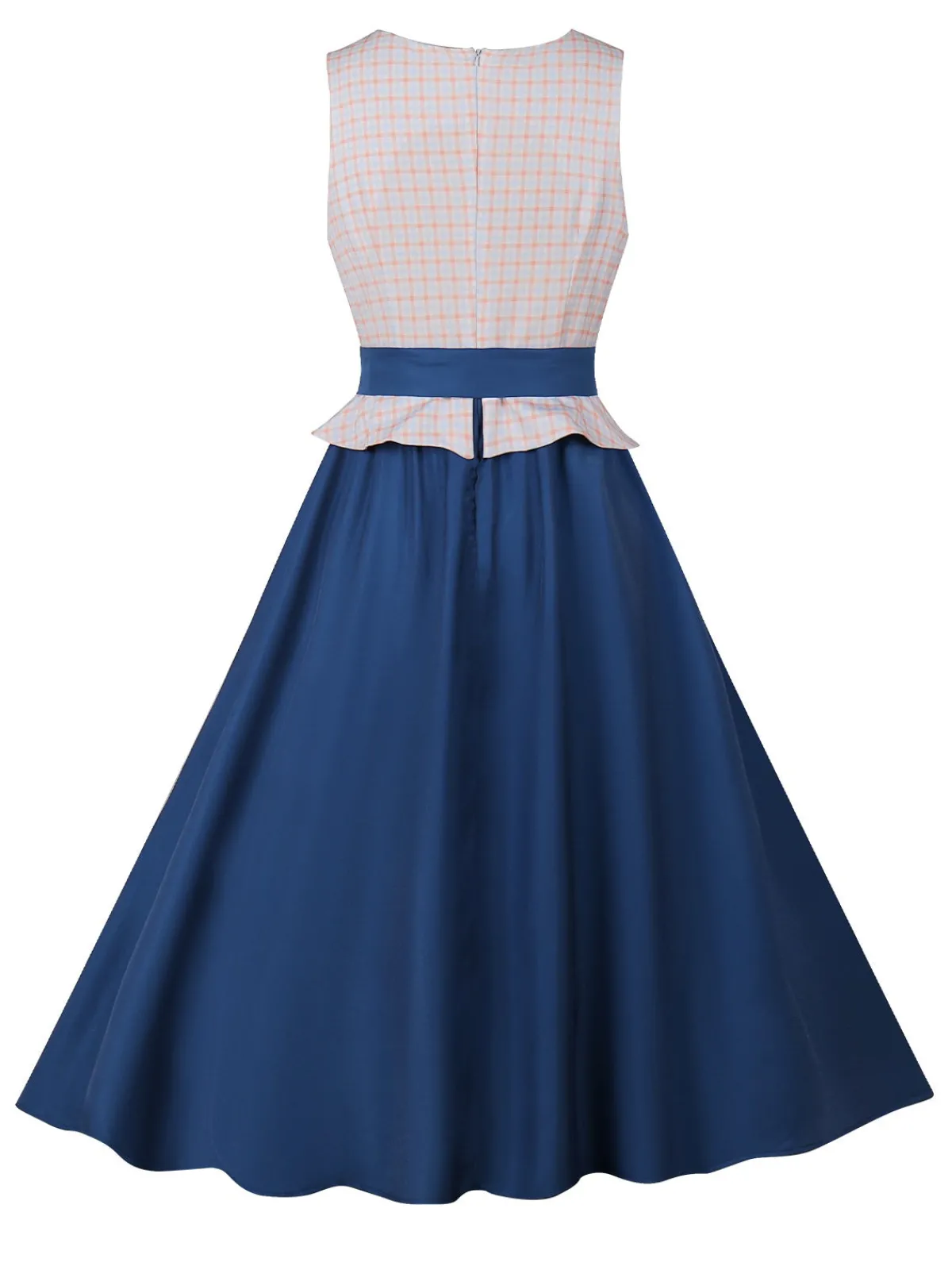 New Retro Stage 1950s V-Neck Plaid Patchwork Dress Dark Blue