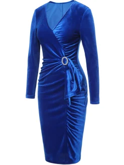 Sale Retro Stage 1960s V-Neck Pleated Velvet Dress Dark Blue