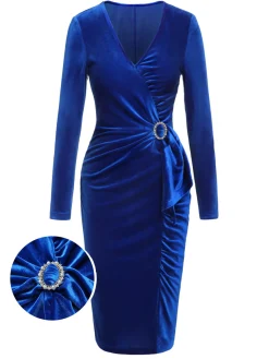 New Retro Stage 1960s V-Neck Pleated Velvet Dress Dark Blue