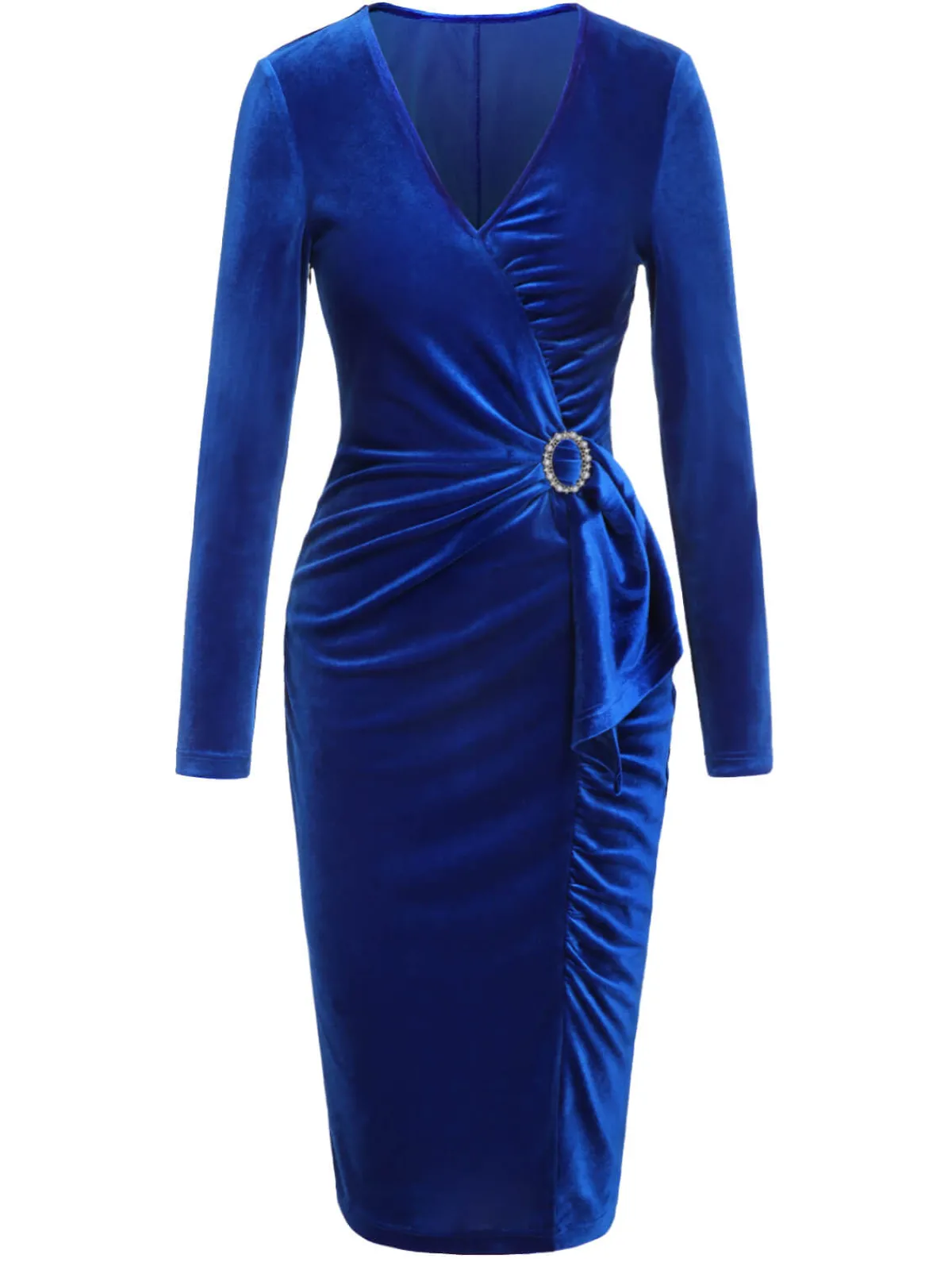New Retro Stage 1960s V-Neck Pleated Velvet Dress Dark Blue