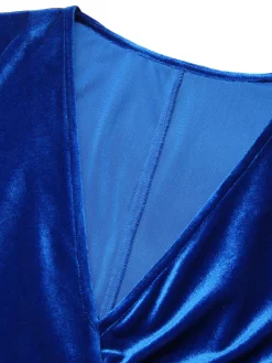 New Retro Stage 1960s V-Neck Pleated Velvet Dress Dark Blue