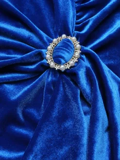 New Retro Stage 1960s V-Neck Pleated Velvet Dress Dark Blue