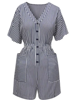 Outlet Retro Stage 1950s V-Neck Pockets Stripes Romper Dark Blue
