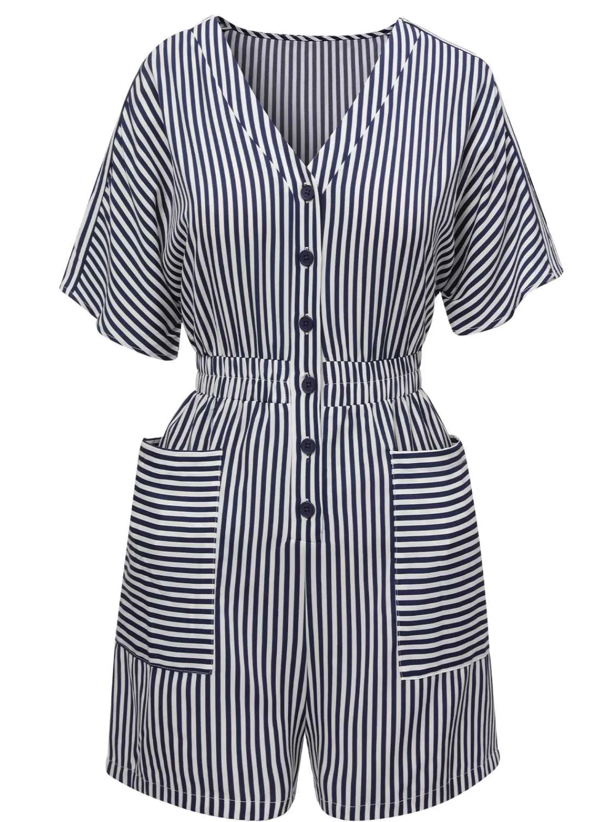 Outlet Retro Stage 1950s V-Neck Pockets Stripes Romper Dark Blue