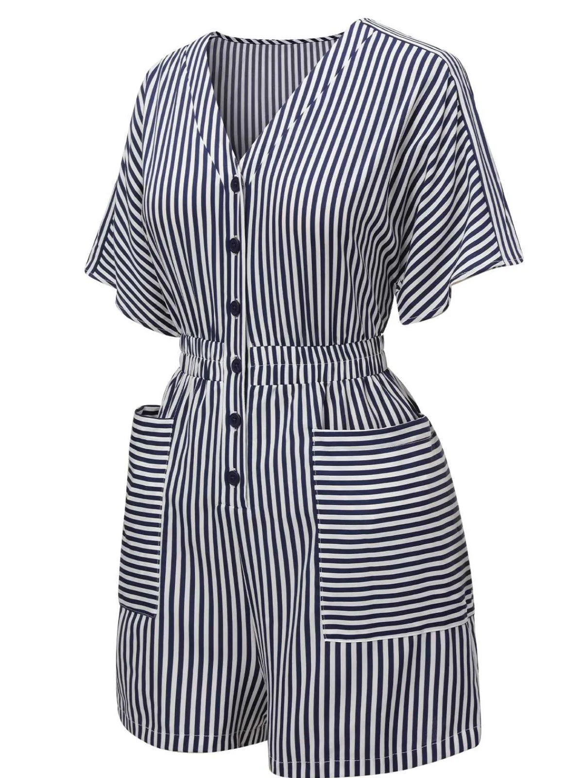 Outlet Retro Stage 1950s V-Neck Pockets Stripes Romper Dark Blue