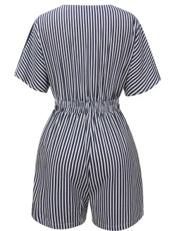 Outlet Retro Stage 1950s V-Neck Pockets Stripes Romper Dark Blue