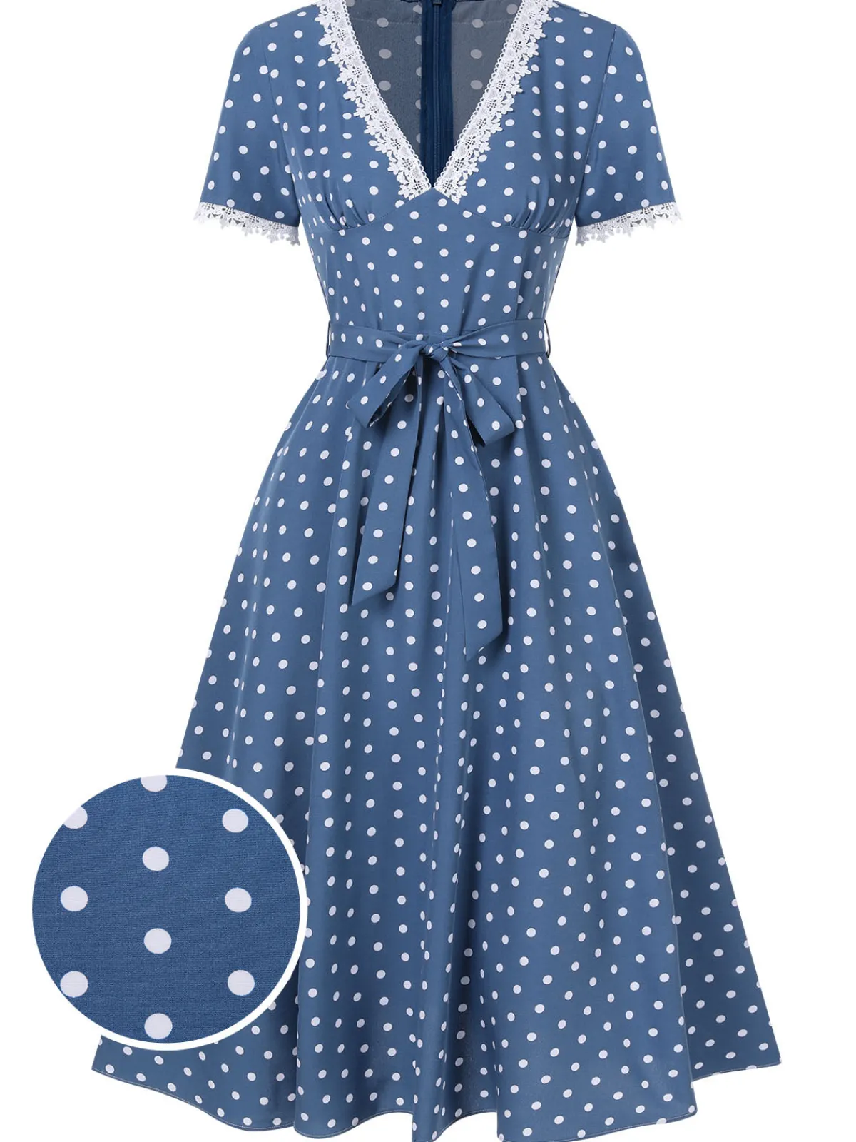 Hot Retro Stage 1930s V-Neck Polka Dots Belted Dress Dark Blue