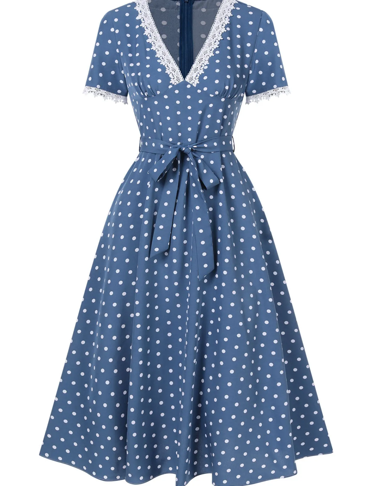 Hot Retro Stage 1930s V-Neck Polka Dots Belted Dress Dark Blue