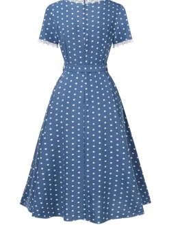 Hot Retro Stage 1930s V-Neck Polka Dots Belted Dress Dark Blue