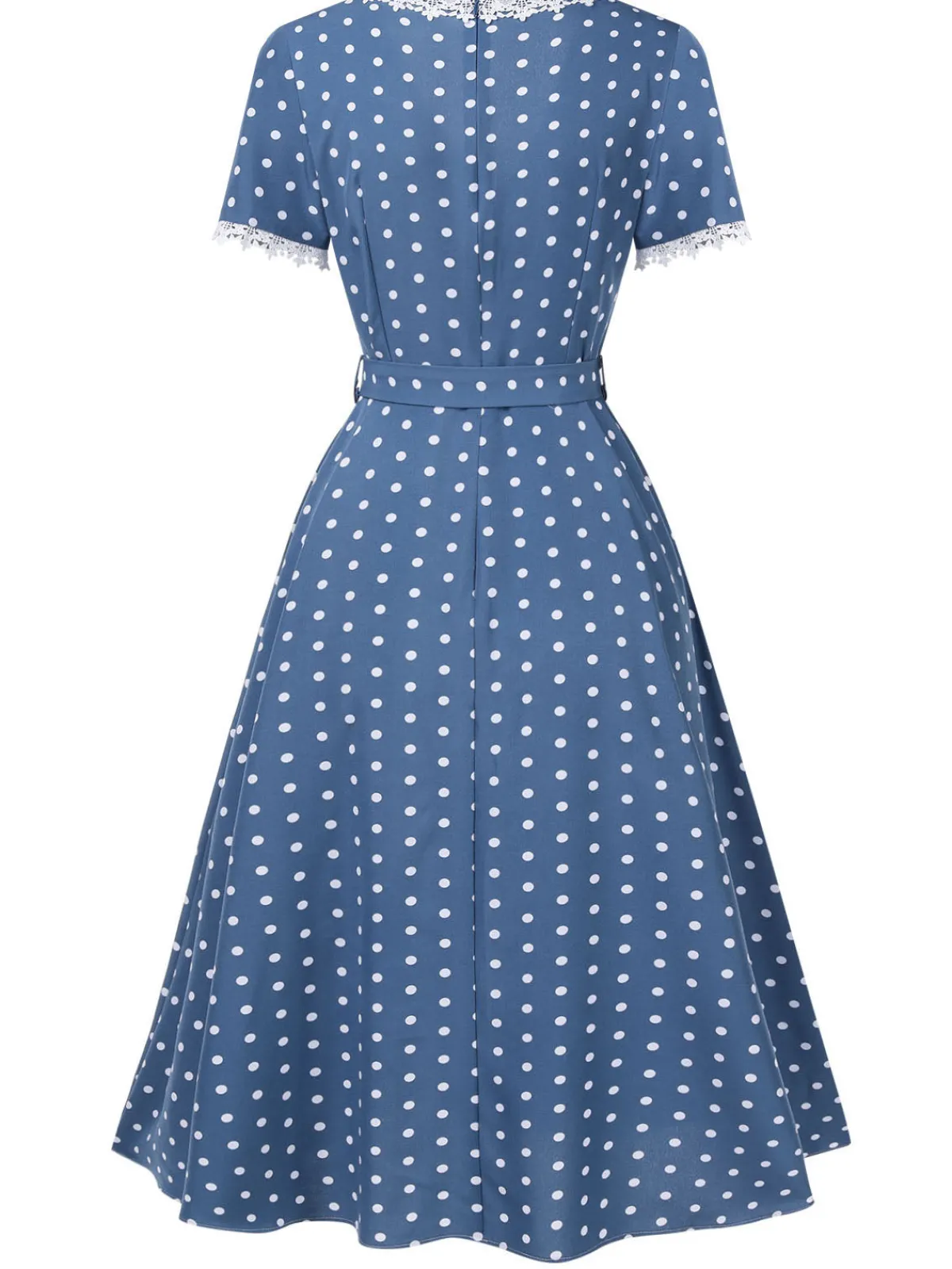 Hot Retro Stage 1930s V-Neck Polka Dots Belted Dress Dark Blue