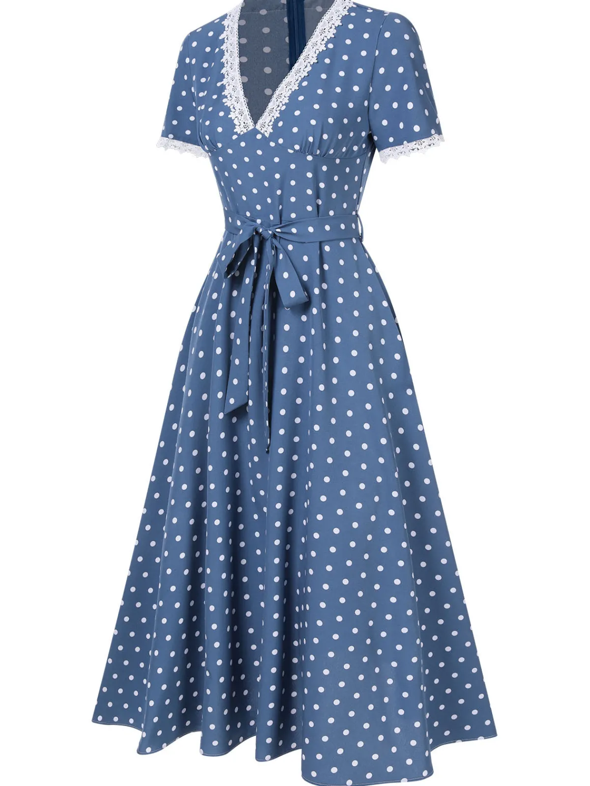 Hot Retro Stage 1930s V-Neck Polka Dots Belted Dress Dark Blue