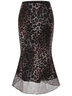 Best Retro Stage 1950s Leopard Mesh Mermaid Skirt Dark Brown