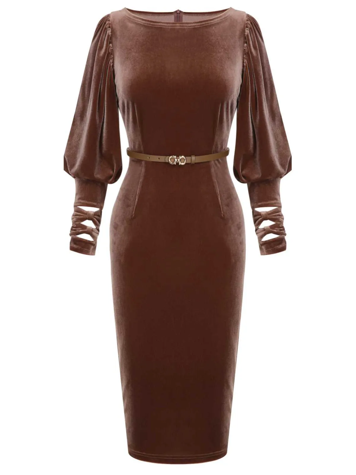 Discount Retro Stage 1960s Puff Sleeve Velvet Belted Dress Dark Brown