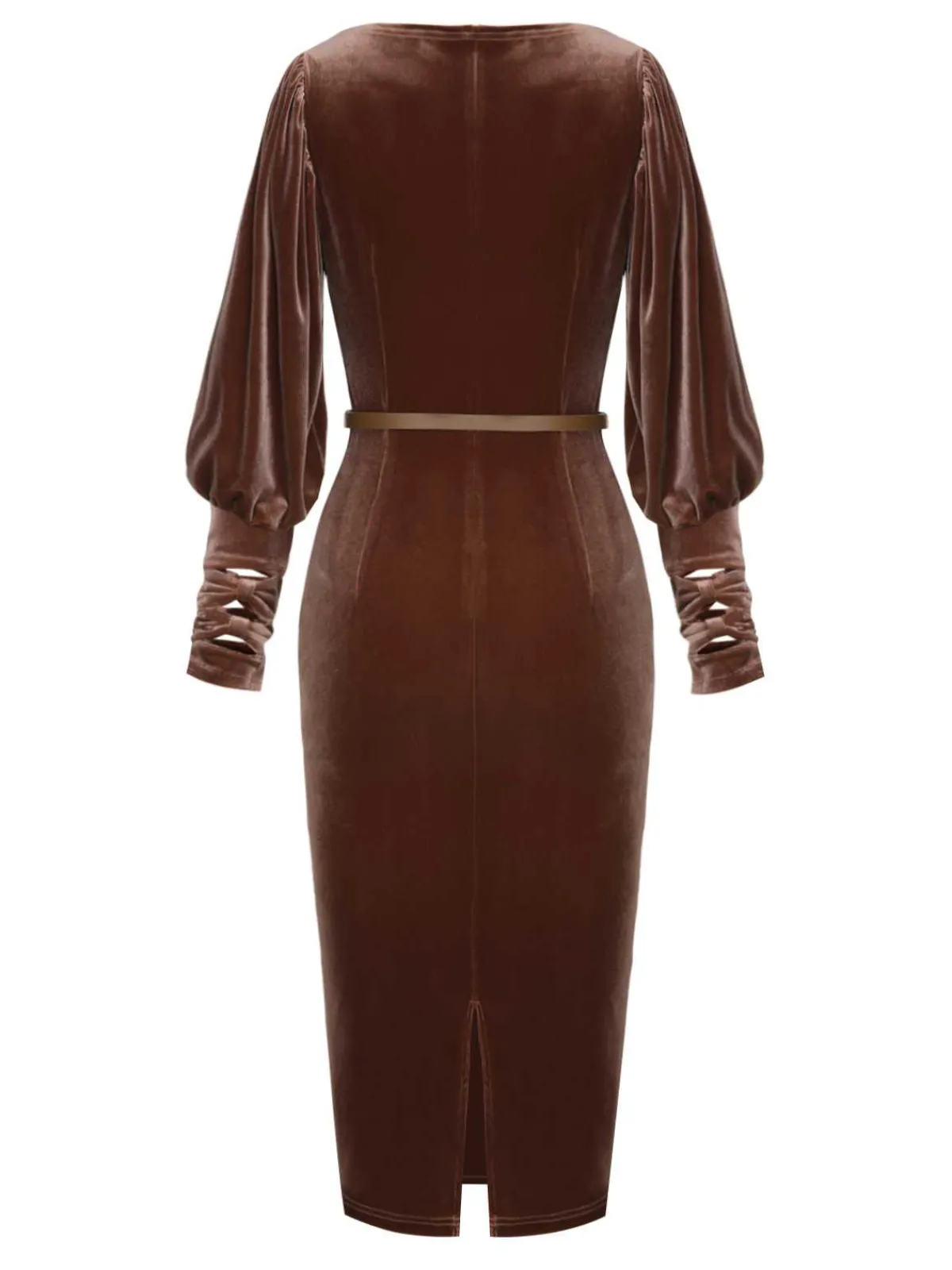 Discount Retro Stage 1960s Puff Sleeve Velvet Belted Dress Dark Brown