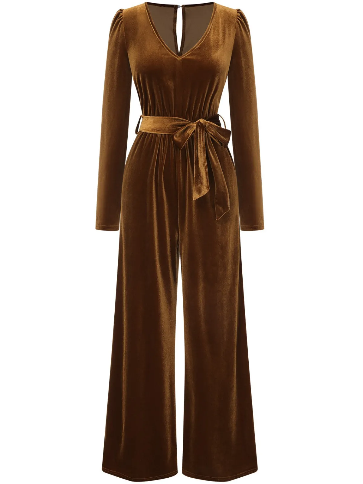 Discount Retro Stage 1930s Solid V-Neck Velvet Jumpsuit Dark Brown