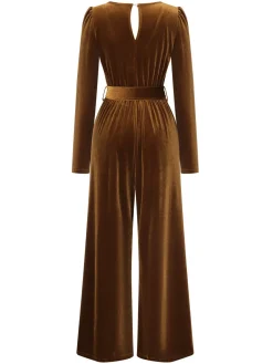 Discount Retro Stage 1930s Solid V-Neck Velvet Jumpsuit Dark Brown