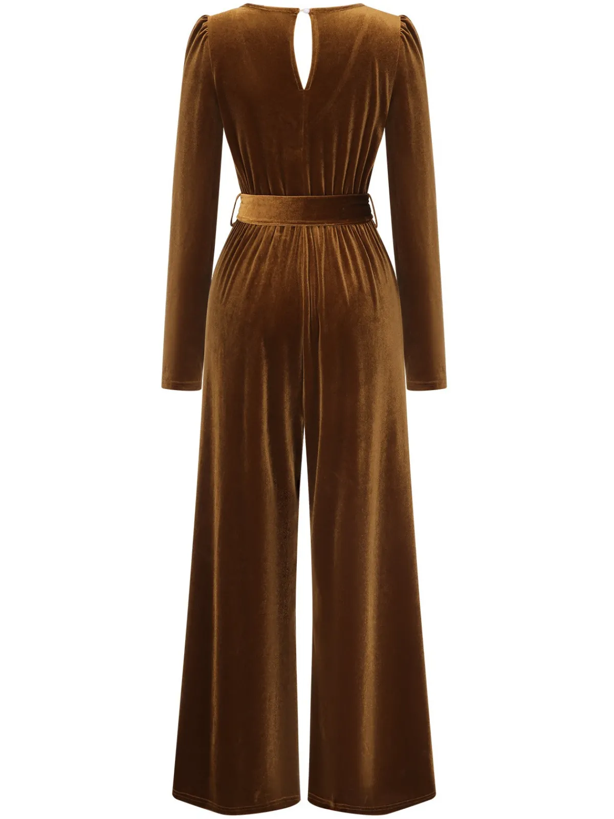 Discount Retro Stage 1930s Solid V-Neck Velvet Jumpsuit Dark Brown