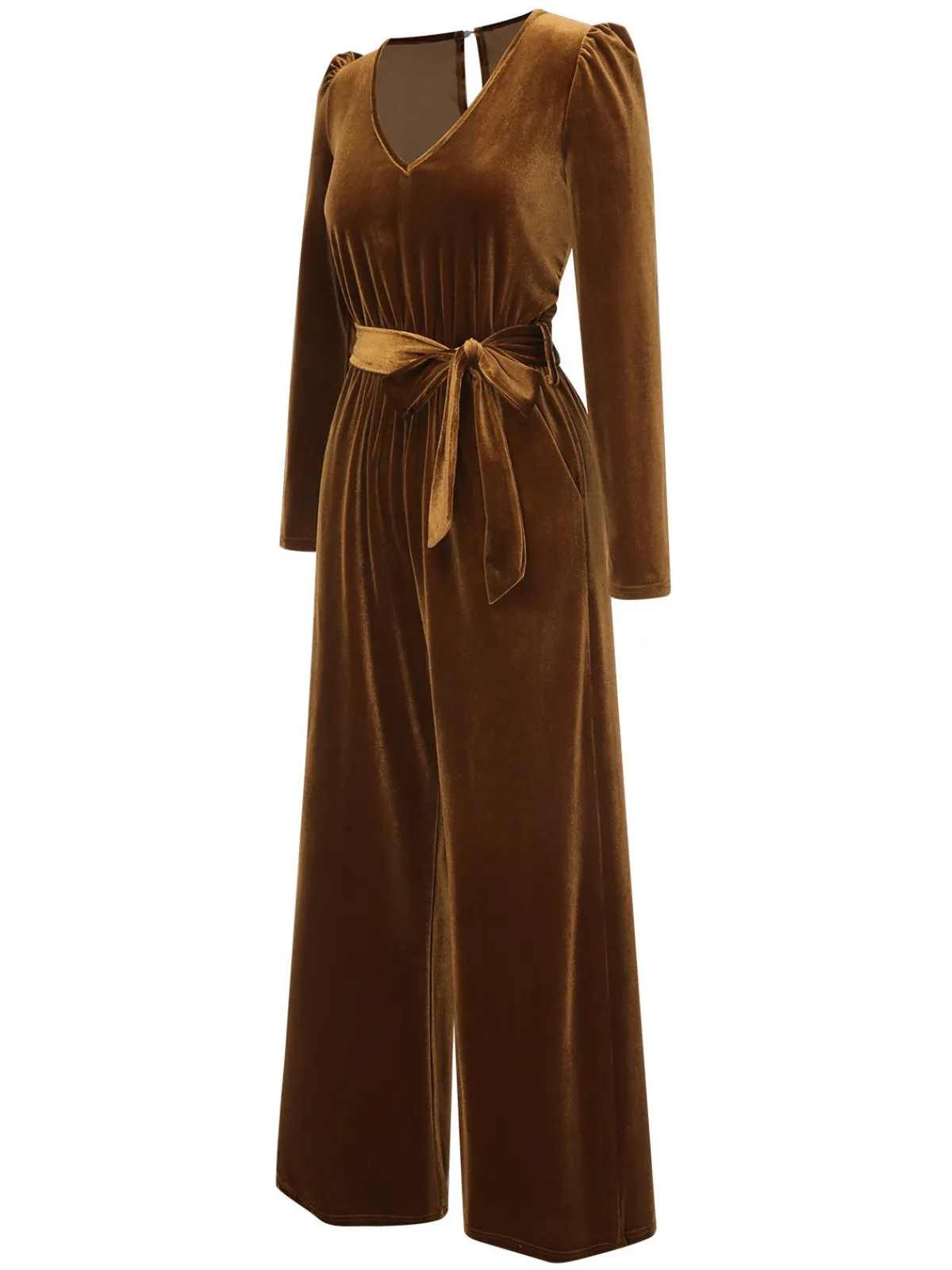 Discount Retro Stage 1930s Solid V-Neck Velvet Jumpsuit Dark Brown