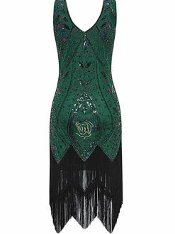Outlet Retro Stage Dark Geen 1920s Sequined Fringe Dress Green