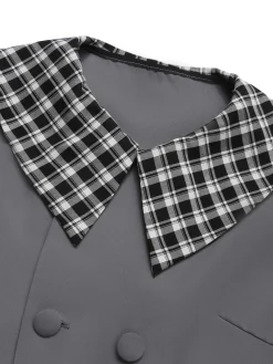 Sale Retro Stage 1950s Lapel Rolled Sleeve Plaid Short Coat Dark Gray