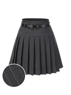 Hot Retro Stage Dark Gray 1960s Pinstripes Belted Pleated Skirt