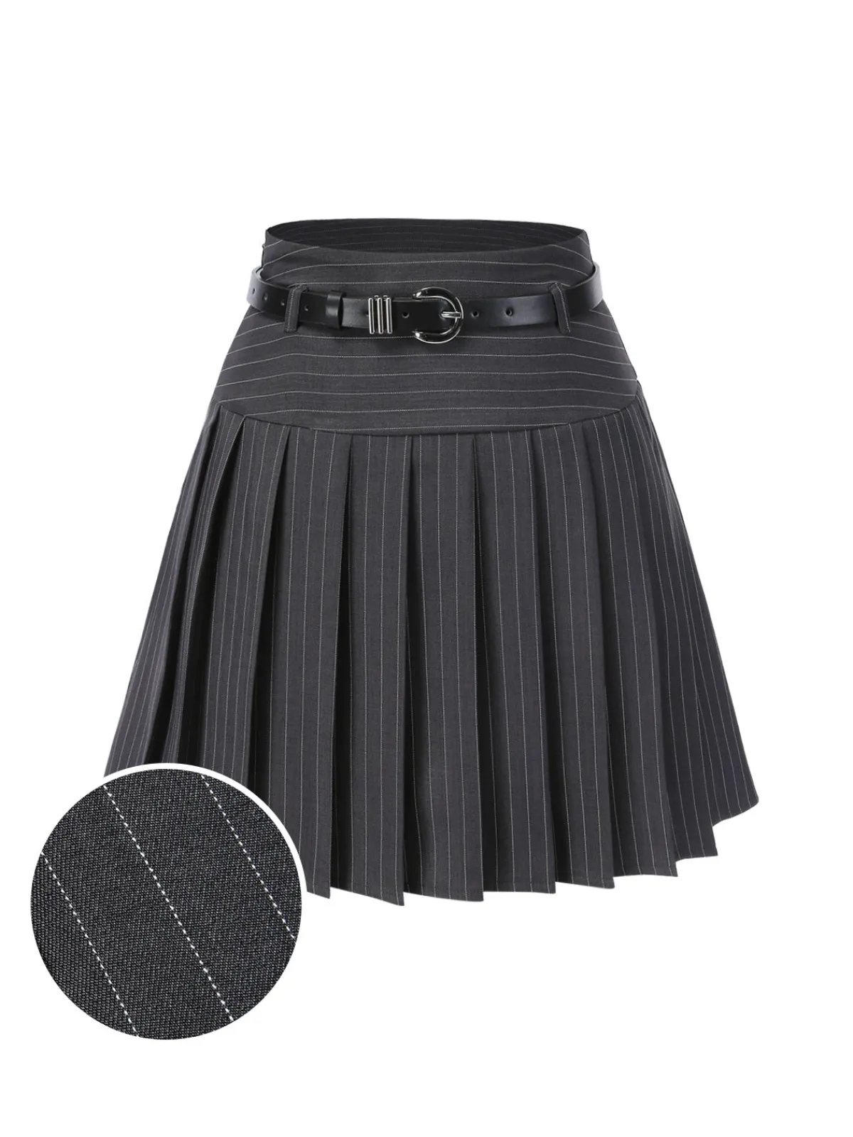 Hot Retro Stage Dark Gray 1960s Pinstripes Belted Pleated Skirt