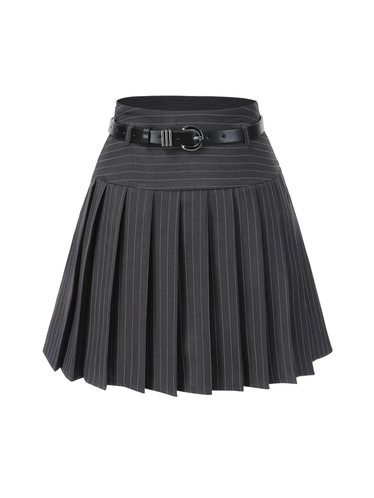 Hot Retro Stage Dark Gray 1960s Pinstripes Belted Pleated Skirt