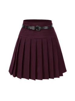Hot Retro Stage Dark Gray 1960s Pinstripes Belted Pleated Skirt