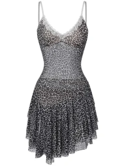Discount Retro Stage 1960s Spaghetti Strap Lace Leopard Dress Dark Gray