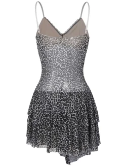 Discount Retro Stage 1960s Spaghetti Strap Lace Leopard Dress Dark Gray