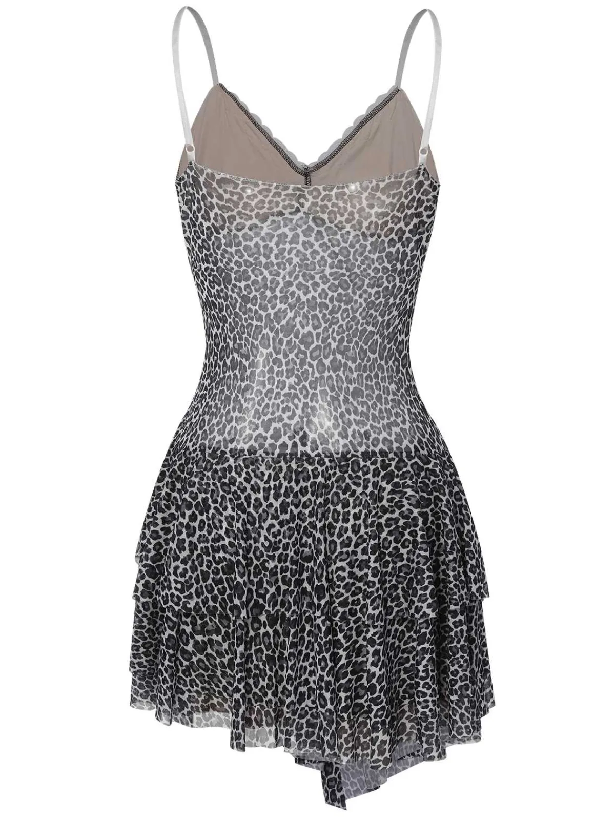 Discount Retro Stage 1960s Spaghetti Strap Lace Leopard Dress Dark Gray