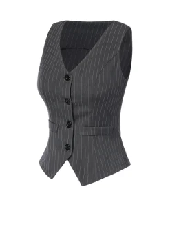 Clearance Retro Stage Dark Gray 1960s V-Neck Pinstripes Sleeveless Top