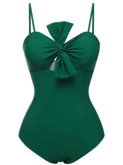 Hot Retro Stage 1940s Bow Spaghetti Strap Swimsuit Dark Green