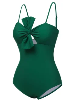 Hot Retro Stage 1940s Bow Spaghetti Strap Swimsuit Dark Green