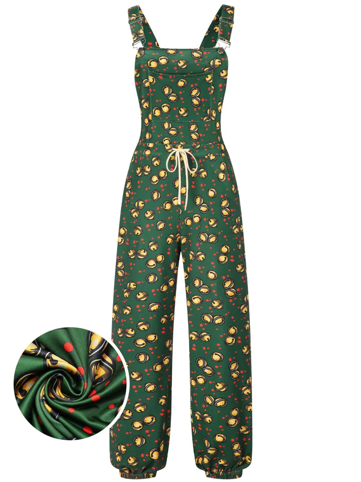 Online Retro Stage 1930s Christmas Bells Multi-Pocket Jumpsuit Dark Green