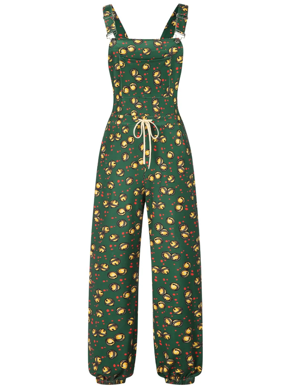 Online Retro Stage 1930s Christmas Bells Multi-Pocket Jumpsuit Dark Green