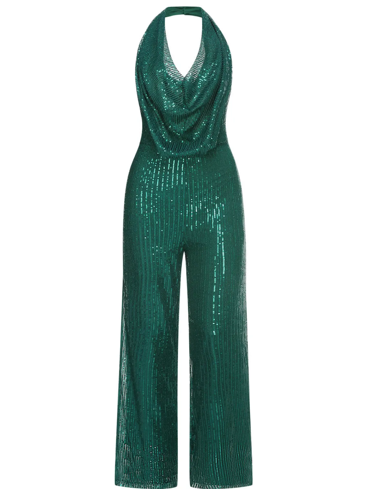 Online Retro Stage 1930s Cowl Neck Sequined Jumpsuit Dark Green