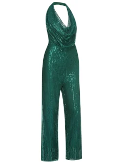 Online Retro Stage 1930s Cowl Neck Sequined Jumpsuit Dark Green