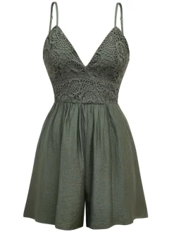 Clearance Retro Stage 1950s Embroidery Patchwork Smocked Romper Dark Green