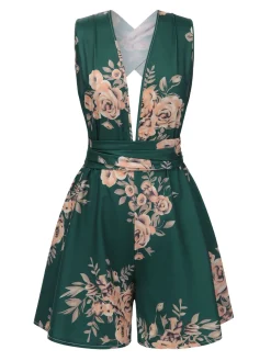 Online Retro Stage 1970s Floral Deep V-Neck Romper Dark Green