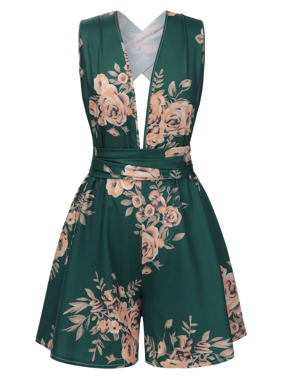 Online Retro Stage 1970s Floral Deep V-Neck Romper Dark Green