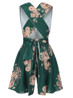 Online Retro Stage 1970s Floral Deep V-Neck Romper Dark Green