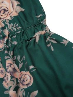 Online Retro Stage 1970s Floral Deep V-Neck Romper Dark Green