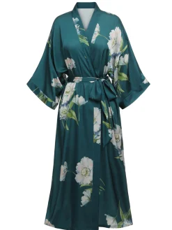 New Retro Stage Dark Green 1950s Floral Satin Robe