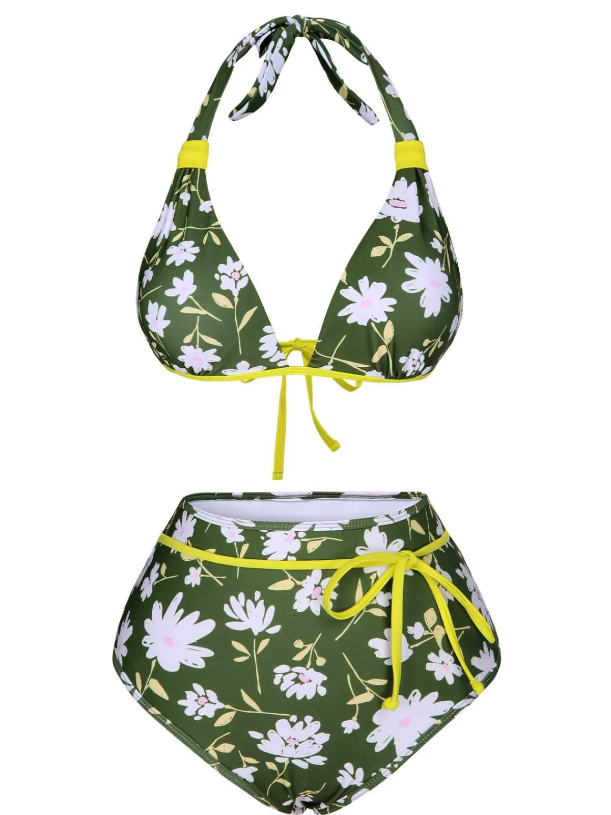 Hot Retro Stage 1940s Halter Bow Floral Swimsuit Dark Green