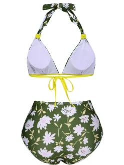Hot Retro Stage 1940s Halter Bow Floral Swimsuit Dark Green