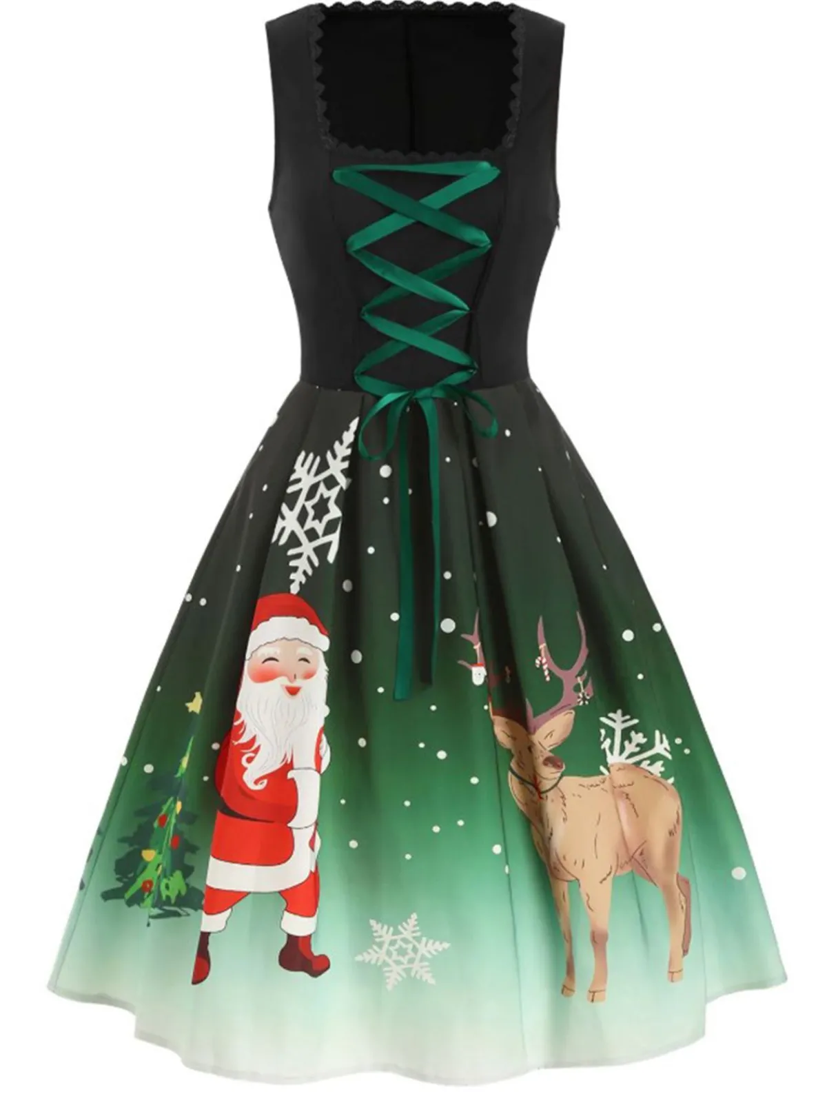 Best Retro Stage 1950s Lace Up Christmas Dress Dark Green