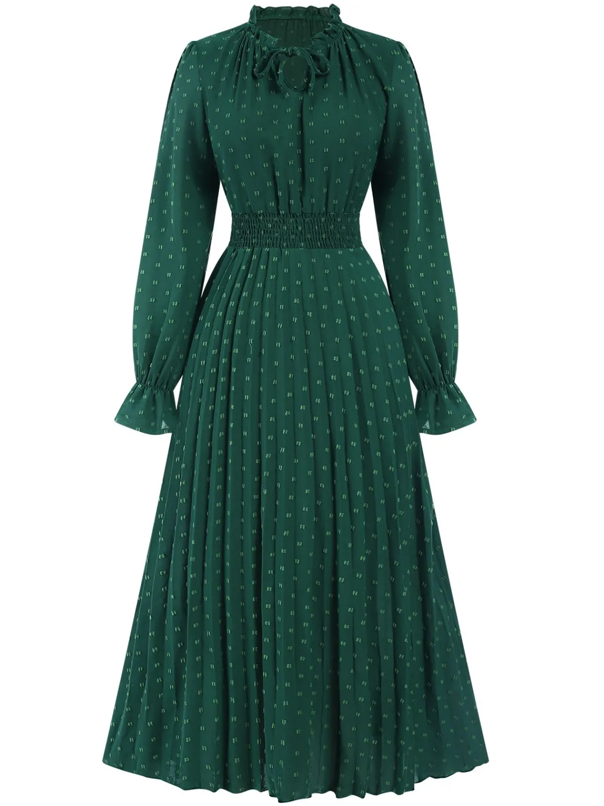 New Retro Stage 1940s Lantern Sleeve Ruffles Dress Dark Green