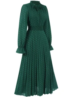 New Retro Stage 1940s Lantern Sleeve Ruffles Dress Dark Green
