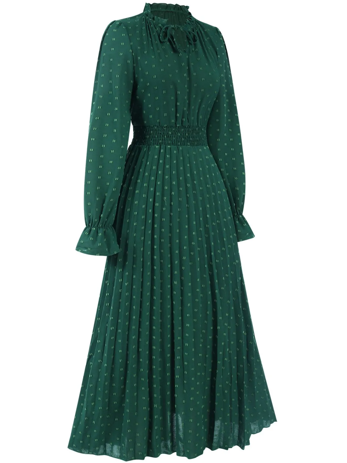New Retro Stage 1940s Lantern Sleeve Ruffles Dress Dark Green